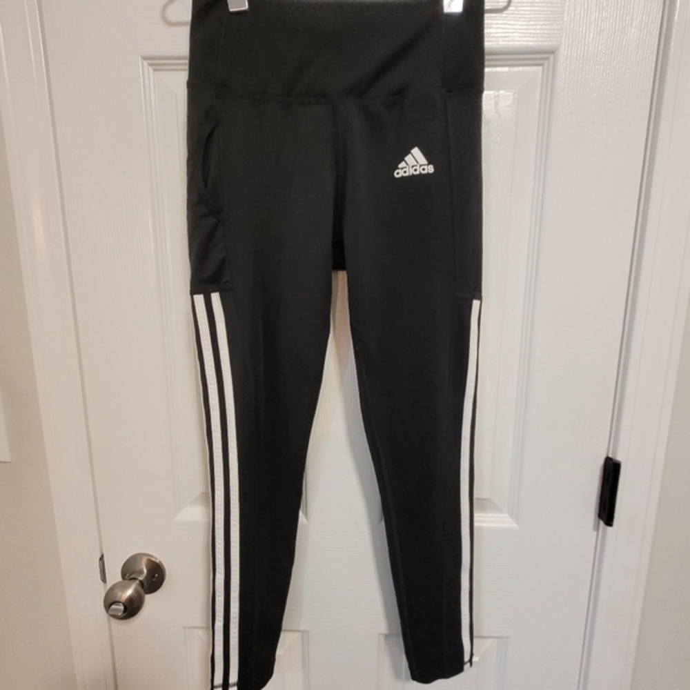 Adidas Leggings Small Aeroready 3 Stripe Classic Black‎ White Athletic Work Out